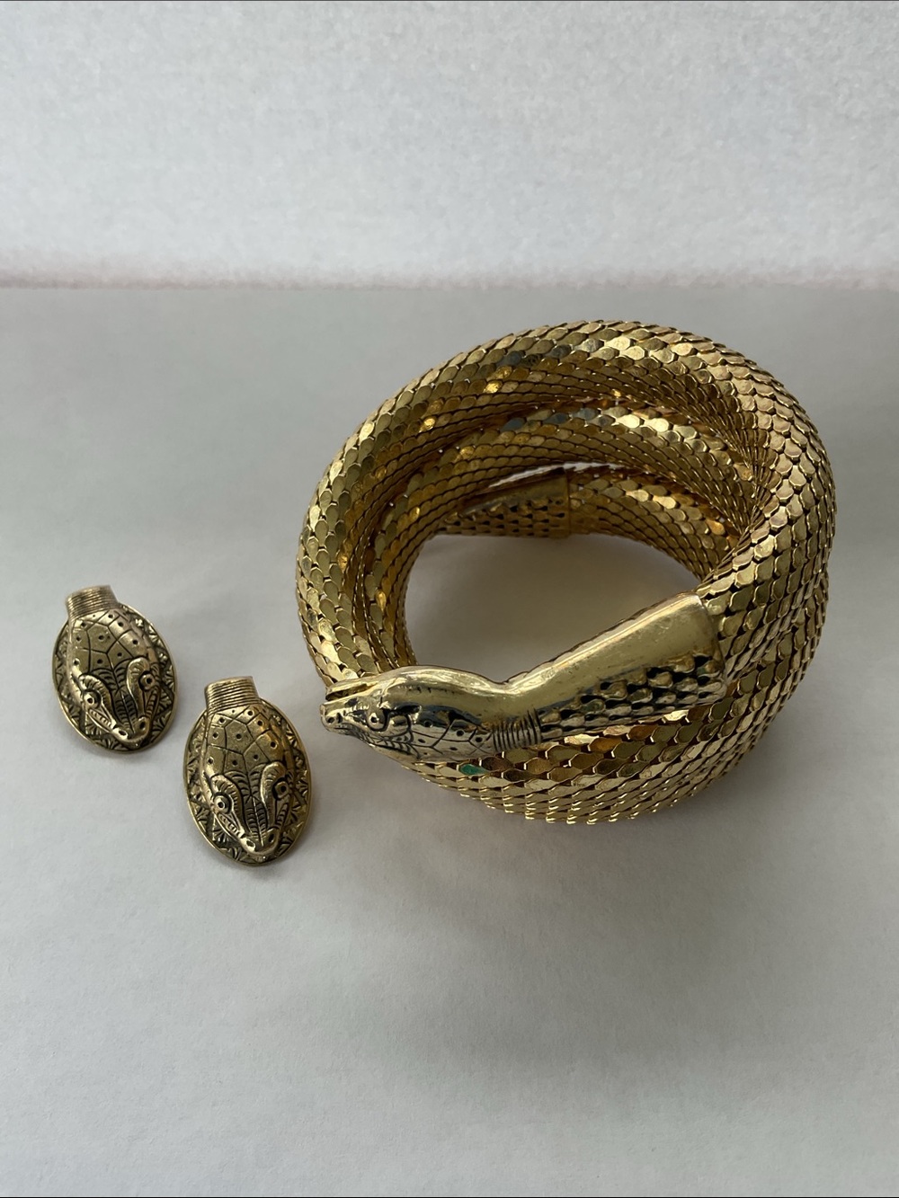VTG Gold Mesh Snake Coil Whiting and Davis Bracelet & Clip Earrings Signed SET - Picture 4 of 9